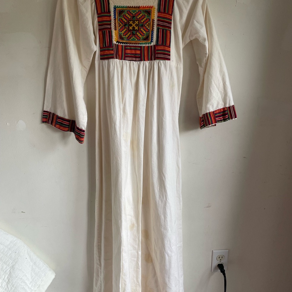 Vintage Embroidered White Maxi Dress with Red Accents